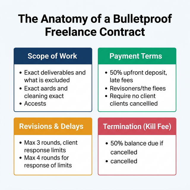 Anatomy of a Bulletproof Freelance Contract infographic showing Scope of Work, Payment Terms, Revisions & Delays, and Termination (Kill Fee)