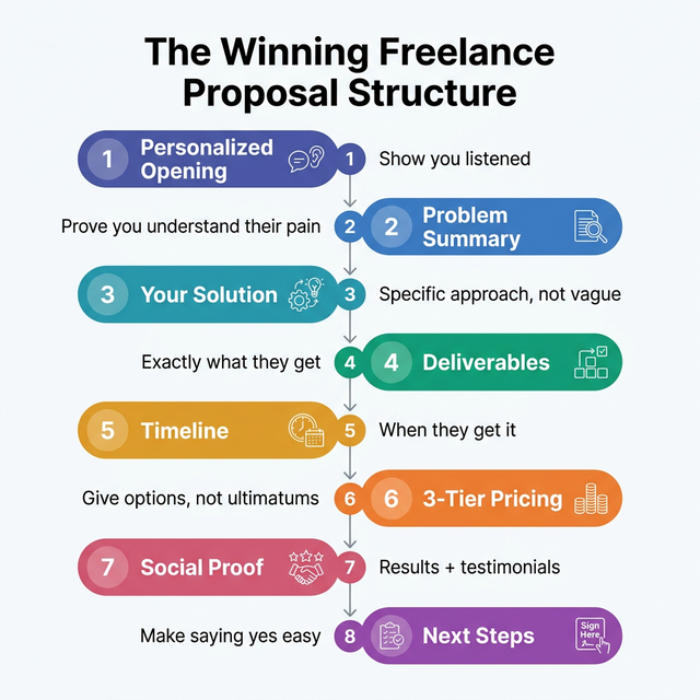 The Winning Freelance Proposal Structure infographic showing 8 steps: Personalized Opening, Problem Summary, Your Solution, Deliverables, Timeline, 3-Tier Pricing, Social Proof, Next Steps