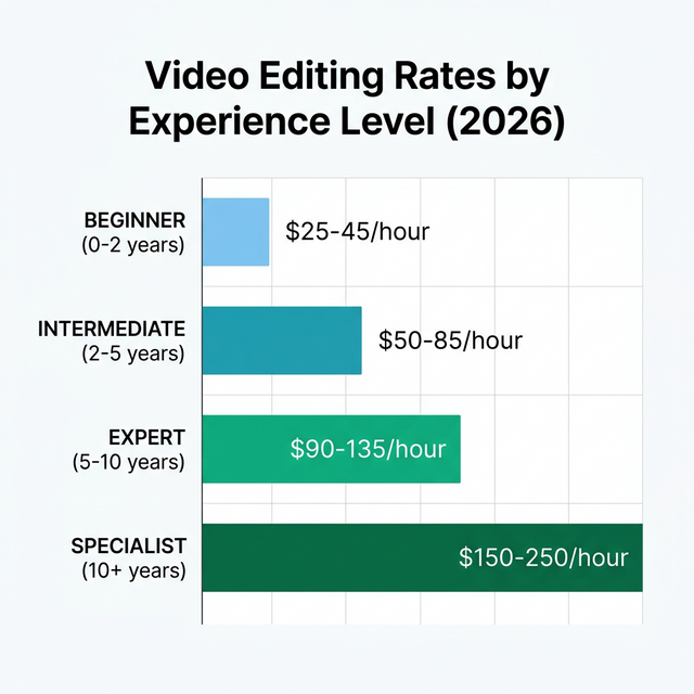 Video editing rates by experience level infographic showing beginner rates of $25-45/hour, intermediate $50-85/hour, expert $90-135/hour, and specialist $150-250/hour in 2026