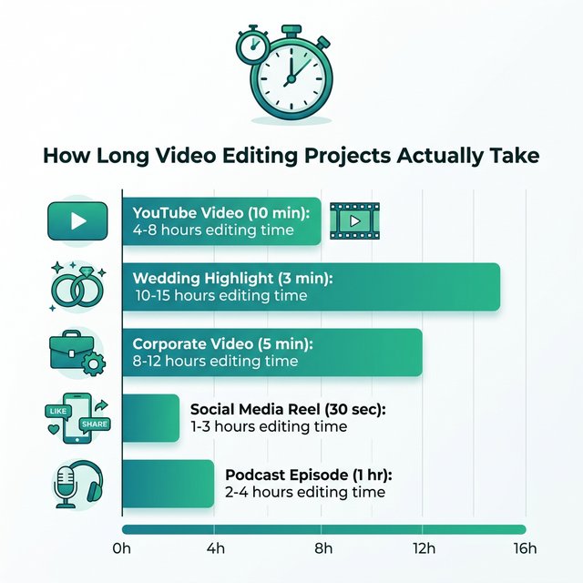 Infographic showing how long video editing projects actually take: YouTube videos 4-8 hours, wedding highlights 10-15 hours, corporate videos 8-12 hours, social media reels 1-3 hours, podcast episodes 2-4 hours