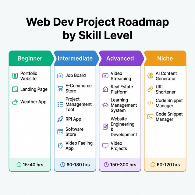 Web Dev Project Roadmap by Skill Level infographic showing Beginner (15-40 hrs), Intermediate (60-180 hrs), Advanced (150-300 hrs), and Niche (60-120 hrs) project recommendations
